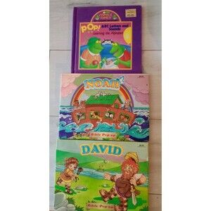 Lot of 2 Bible Pop-up Noah & David & 1 ABC Letters & Sounds Children's Books